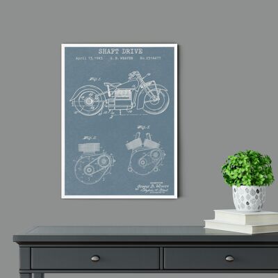 Impresión de patente de motocicleta - Marco negro de lujo, con frente de vidrio - Azul