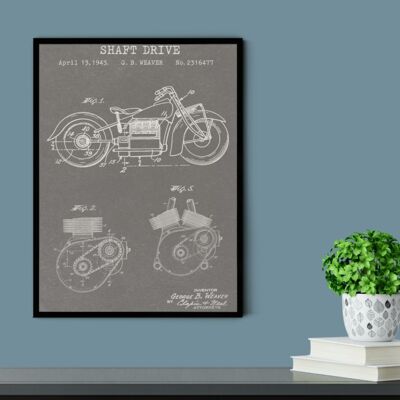 Motorbike Patent Print - Deluxe Black Frame, with Glass Front - Grey
