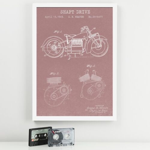 Motorbike Patent Print - Deluxe Black Frame, with Glass Front - Pink