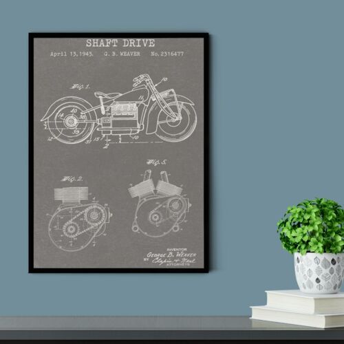 Motorbike Patent Print - Deluxe White Frame, with Glass Front - Grey