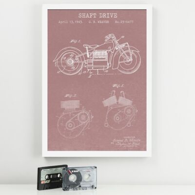 Motorbike Patent Print - Deluxe White Frame, with Glass Front - Pink