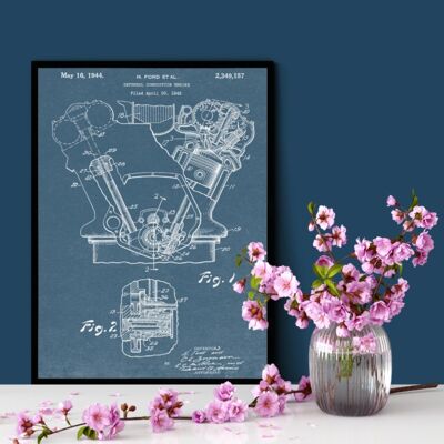 Engine Patent Print – Deluxe Schwarzer Rahmen, mit Glasfront – Blau