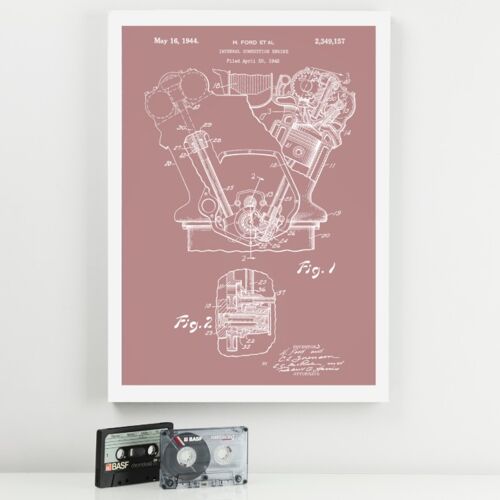 Engine Patent Print - Deluxe Black Frame, with Glass Front - Pink