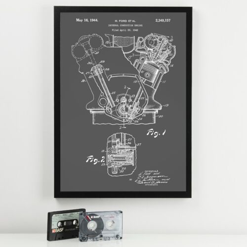 Engine Patent Print - Deluxe Black Frame, with Glass Front - Grey
