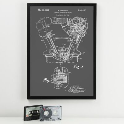 Stampa del brevetto del motore - Cornice nera deluxe, con frontale in vetro - Grigio