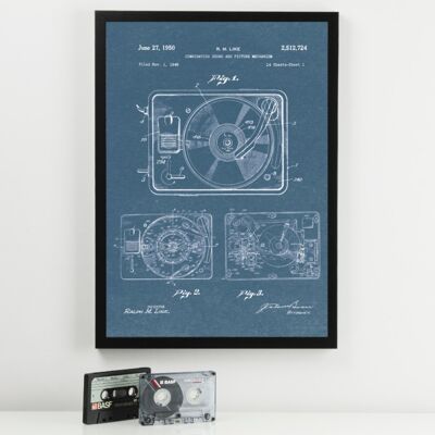 Tourne-disque Brevet Imprimé - Cadre Noir Deluxe, avec Façade en Verre - Bleu