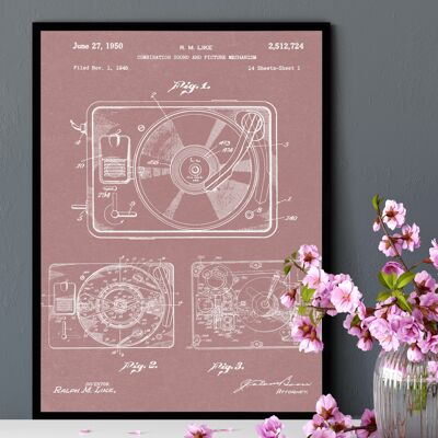 Impresión de patente de tocadiscos - Marco negro de lujo, con frente de vidrio - Rosa