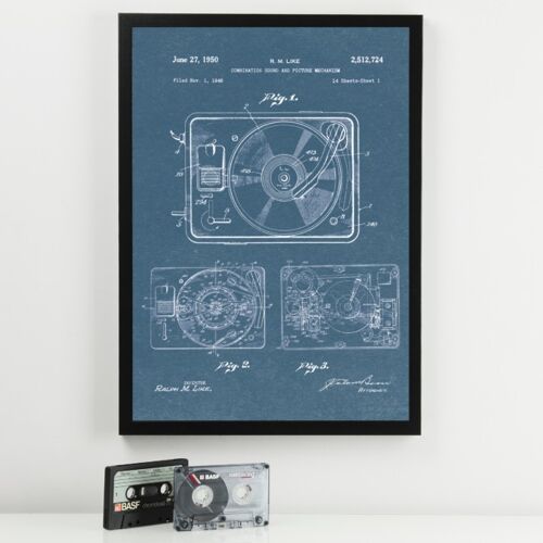 Record Player Patent Print - Deluxe White Frame, with Glass Front - Blue