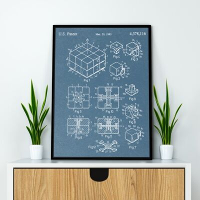 Rubik's Cube Patent Print - Deluxe Black Frame, with Glass Front - Blue