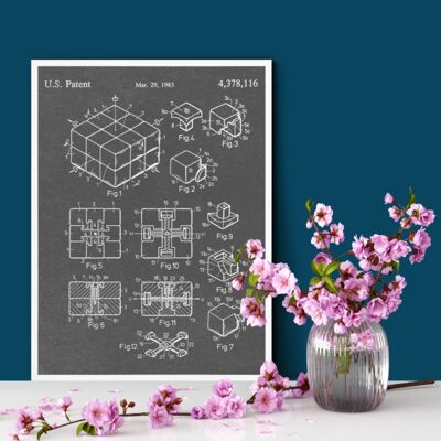 Impresión de patente de cubo de Rubik - Marco blanco de lujo, con frente de vidrio - Gris