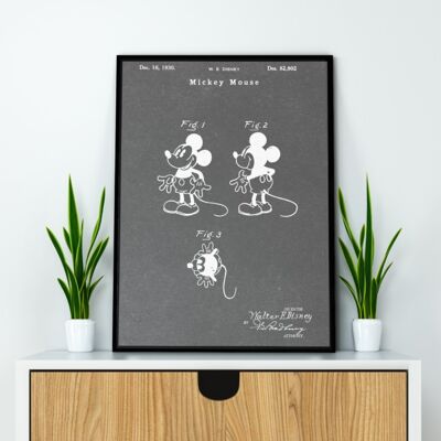 Impresión de patente de Mickey Mouse - Marco negro de lujo, con frente de vidrio - Gris