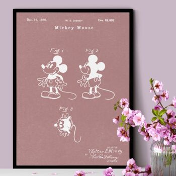 Imprimé brevet Mickey Mouse - Cadre noir de luxe, avec façade en verre - Rose