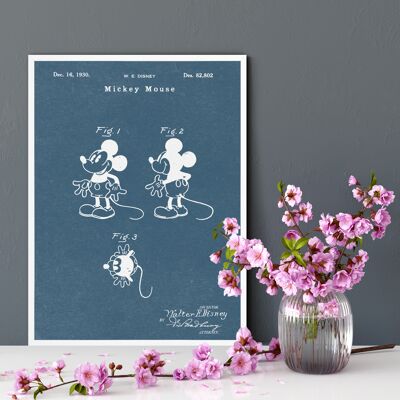 Impresión de patente de Mickey Mouse - Marco blanco de lujo, con frente de vidrio - Azul