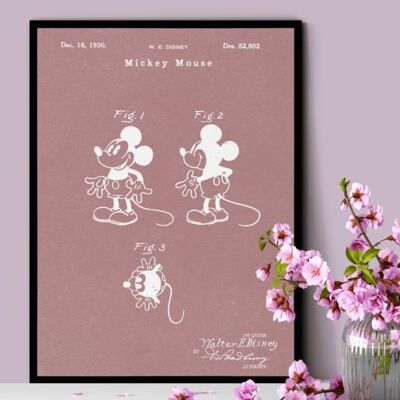 Impresión de patente de Mickey Mouse - Marco blanco de lujo, con frente de vidrio - Rosa