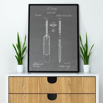 Cricket Bat Patent Print – Schwarzer Standardrahmen – Grau