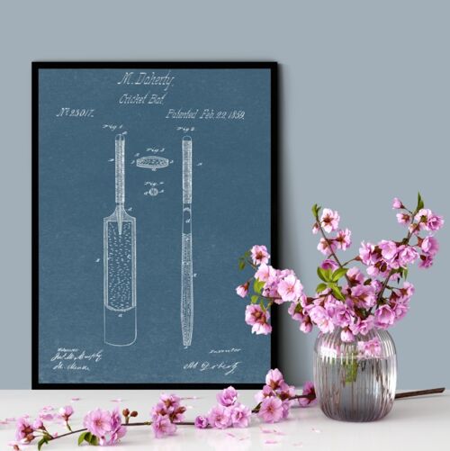 Cricket Bat Patent Print - Deluxe Black Frame, with Glass Front - Blue