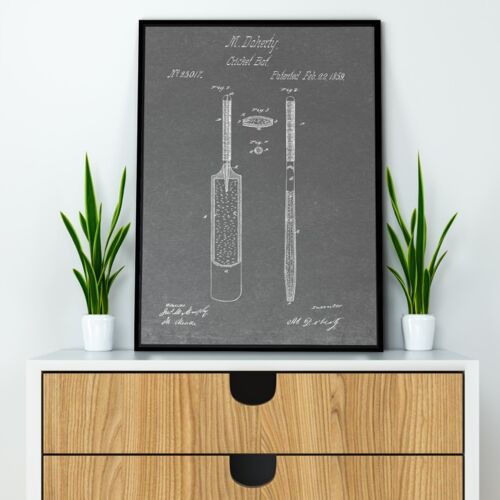 Cricket Bat Patent Print - Deluxe Black Frame, with Glass Front - Grey