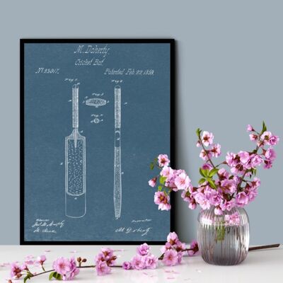 Cricket Bat Patent Print – Deluxe Weißer Rahmen, mit Glasfront – Blau