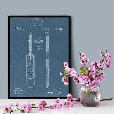 Impresión de patente de bate de cricket - Marco blanco de lujo, con frente de vidrio - Azul