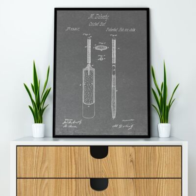 Cricket Bat Patent Print - Deluxe White Frame, with Glass Front - Grey