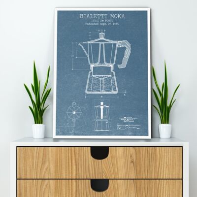 Coffee Moka Pot Patent Print - Marco negro de lujo, con frente de vidrio - Azul
