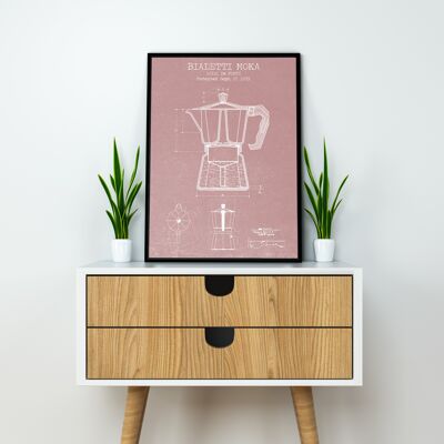 Coffee Moka Pot Patent Print - Deluxe Black Frame, with Glass Front - Pink