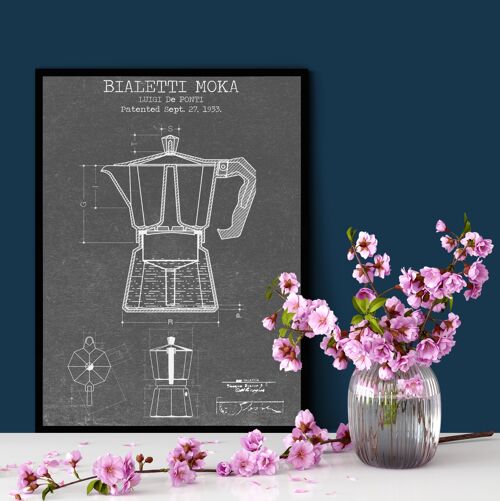 Coffee Moka Pot Patent Print - Deluxe White Frame, with Glass Front - Grey