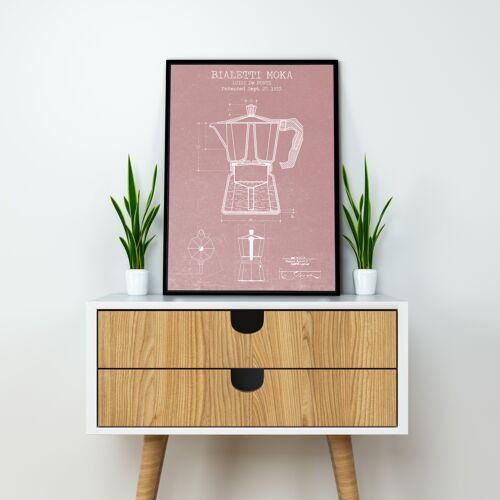 Coffee Moka Pot Patent Print - Deluxe White Frame, with Glass Front - Pink