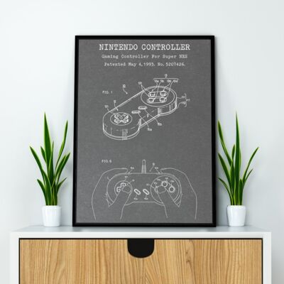 Super NES Controller Patent Print - Marco blanco estándar - Gris