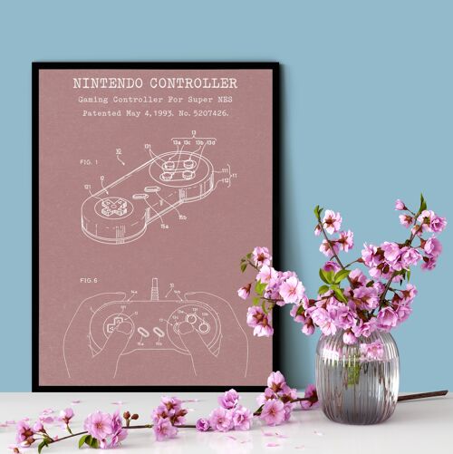Super NES Controller Patent Print - Deluxe White Frame, with Glass Front - Pink