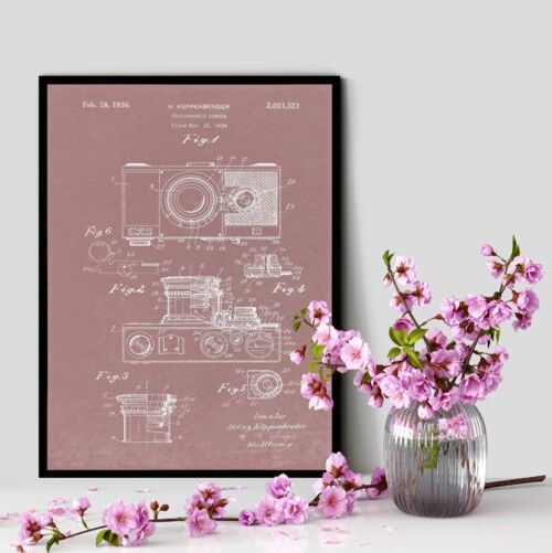 The First S L R Camera Patent Print - Standard Black Frame - Pink