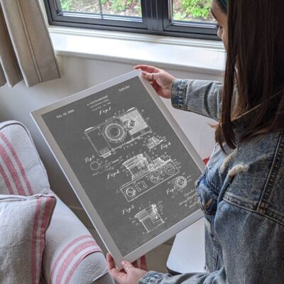 The First S L R Camera Patent Print - Standard White Frame - Grey