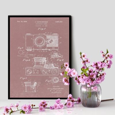 The First S L R Camera Patent Print - Deluxe White Frame, with Glass Front - Pink