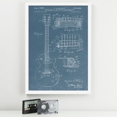 Impresión de música de patente de guitarra - Marco negro de lujo, con frente de vidrio - Azul
