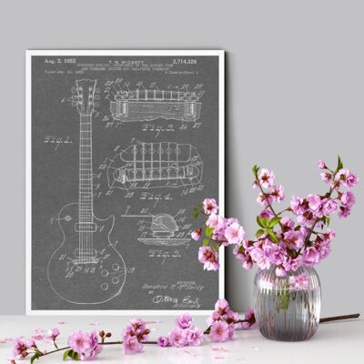 Impresión de música de patente de guitarra - Marco negro de lujo, con frente de vidrio - Gris