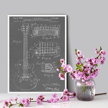 Guitar Patent Music Print - Cadre noir de luxe, avec façade en verre - Gris