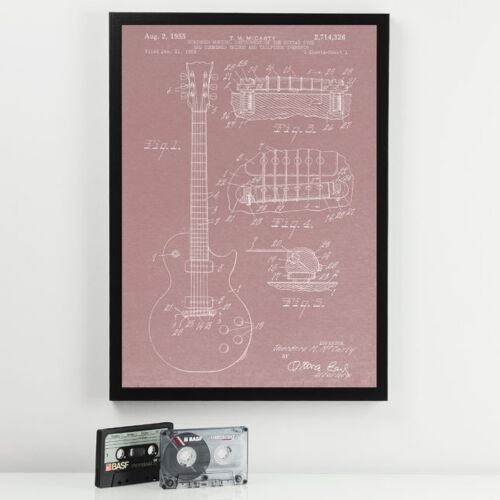 Guitar Patent Music Print - Deluxe Black Frame, with Glass Front - Pink