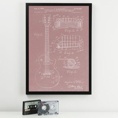 Impresión de música de patente de guitarra - Marco negro de lujo, con frente de vidrio - Rosa
