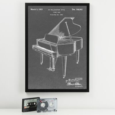 Impresión de música de patente de piano - Marco negro estándar - Gris