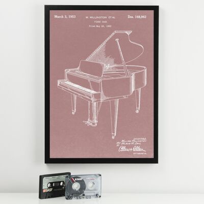 Impresión de música de patente de piano - Marco blanco estándar - Rosa