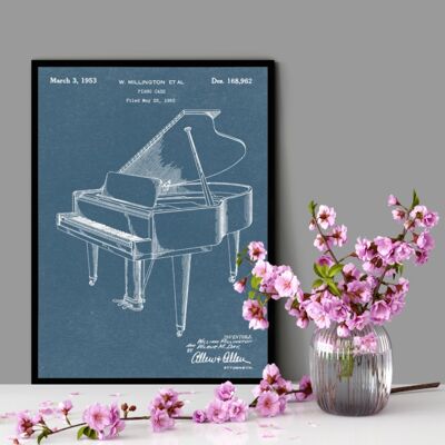 Impresión de música de patente de piano - Marco negro de lujo, con frente de vidrio - Azul