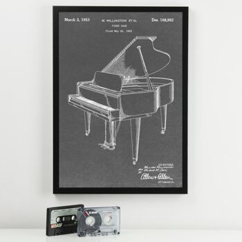 Piano Patent Music Print - Cadre blanc de luxe, avec façade en verre - Gris