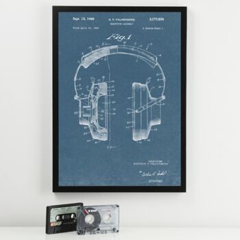 Écouteurs Patent Music Print - Cadre noir standard - Bleu
