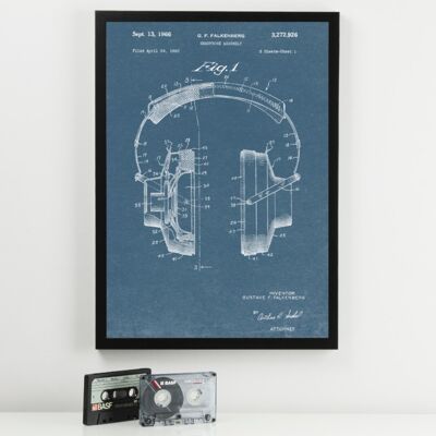 Headphones Patent Music Print - Deluxe Black Frame, with Glass Front - Blue