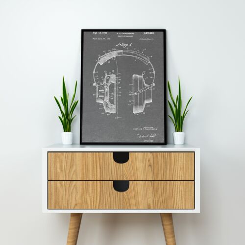 Headphones Patent Music Print - Deluxe Black Frame, with Glass Front - Grey