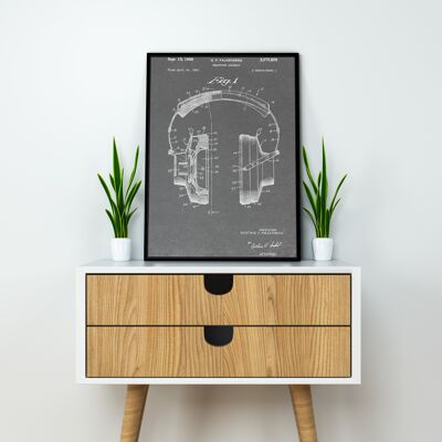 Headphones Patent Music Print - Deluxe Black Frame, with Glass Front - Grey