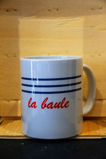 Mug blanc impression PERSONNALISABLE lignes rouges écriture bleue