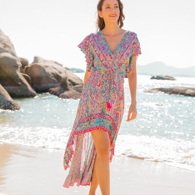 Long crossover dress fitted at the waist in a bohemian print with bells