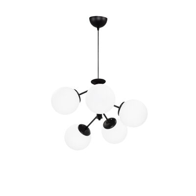 Ceiling light asymmetrical with 5 lights, round glass, black and white