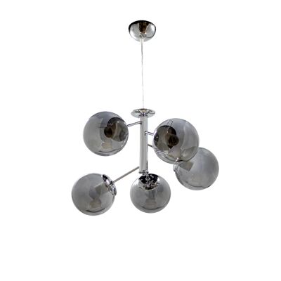 Ceiling light asymmetrical with 5 lights, round glass, chrome-grey